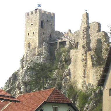 Burgruine Weißenstein bei Regen mit dem „Gläsernen Wald“ - Burgruine weissenstein
