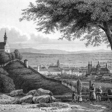 Kloster Frauenberg - Franziskanerkloster Frauenberg vor Stadtansicht von Fulda 1850