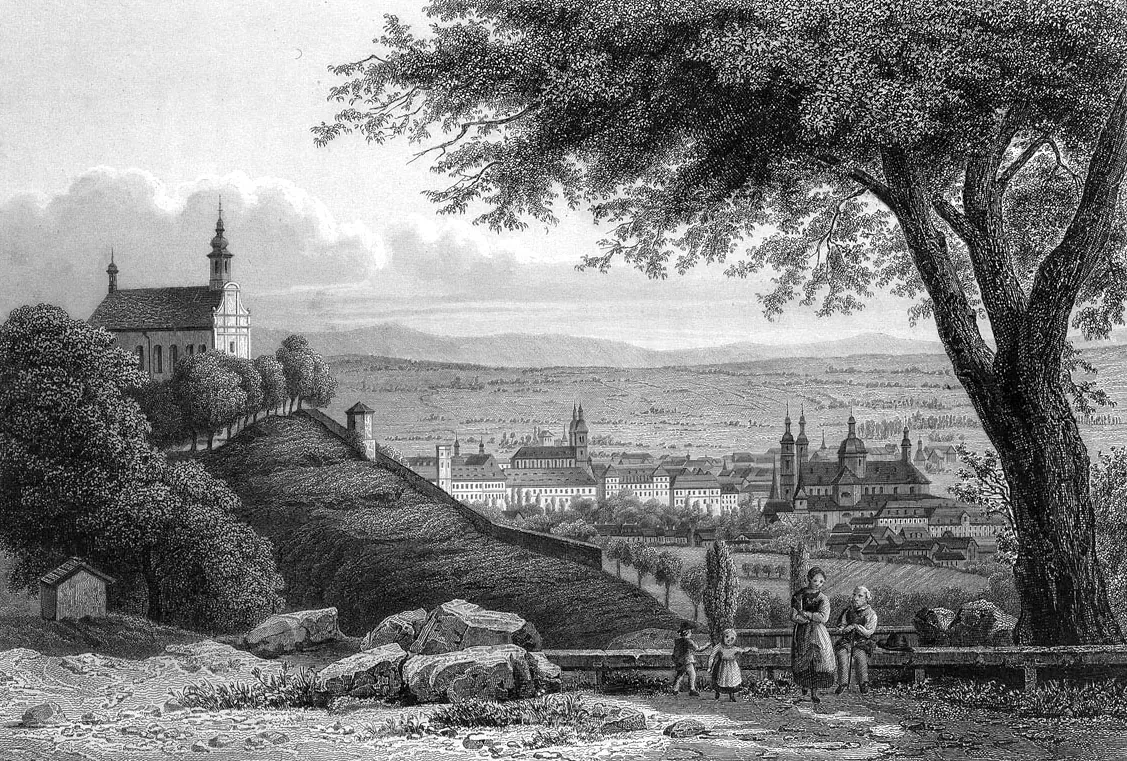 Kloster Frauenberg - Franziskanerkloster Frauenberg vor Stadtansicht von Fulda 1850